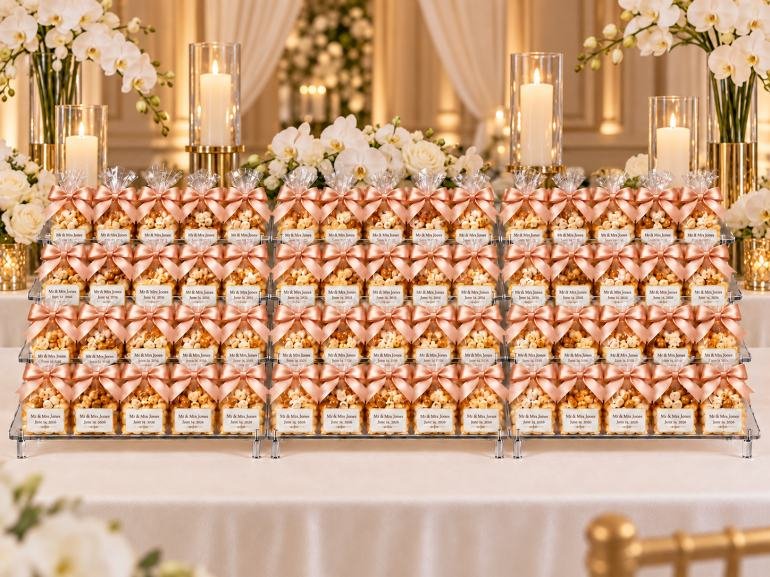 Personalized wedding popcorn favors with coordinated ribbons