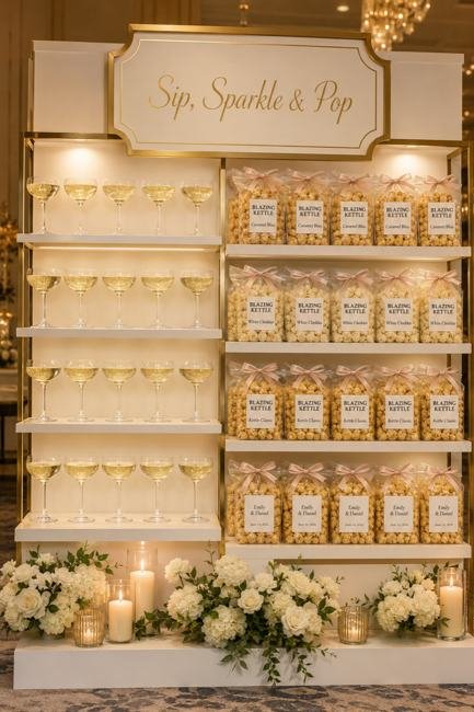 Popcorn favors arranged in an elegant display case