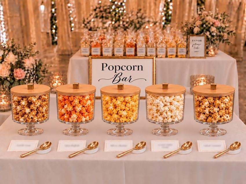 Wedding popcorn bar with a variety of gourmet flavors