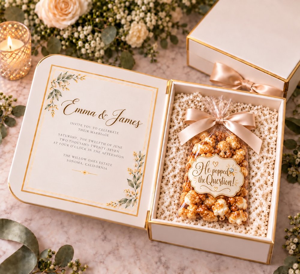 Book-style wedding invitation with caramel popcorn