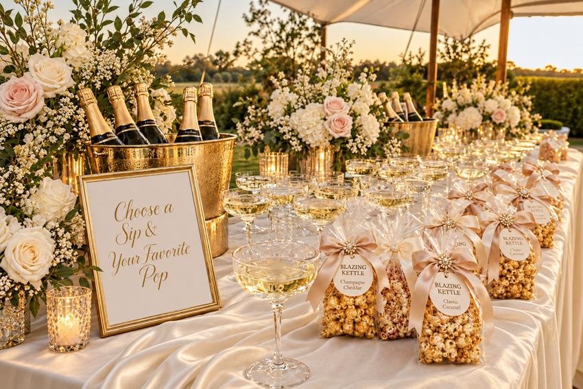 Champagne glasses and popcorn favors